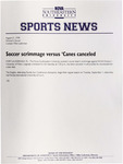 NSU Sports News - 1998-08-21 - Women's Soccer - "Soccer scrimmage versus 'Canes' canceled" by Nova Southeastern University