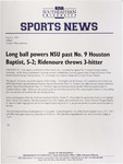 NSU Sports News - 1999-03-05 - Softball - "Long ball powers NSU past No. 9 Houston Baptist, 5-2; Ridenoure throws 3-hitter" by Nova Southeastern University